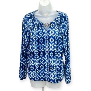 MICHAEL KORS Blue Tie-Dye Long Sleeve Loose Fit Blouse Top Size M